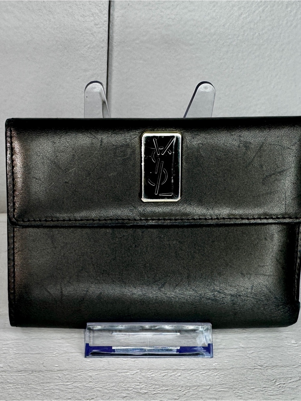 Yves Saint Laurent Black Leather Wallet with Silver Logo Plaque